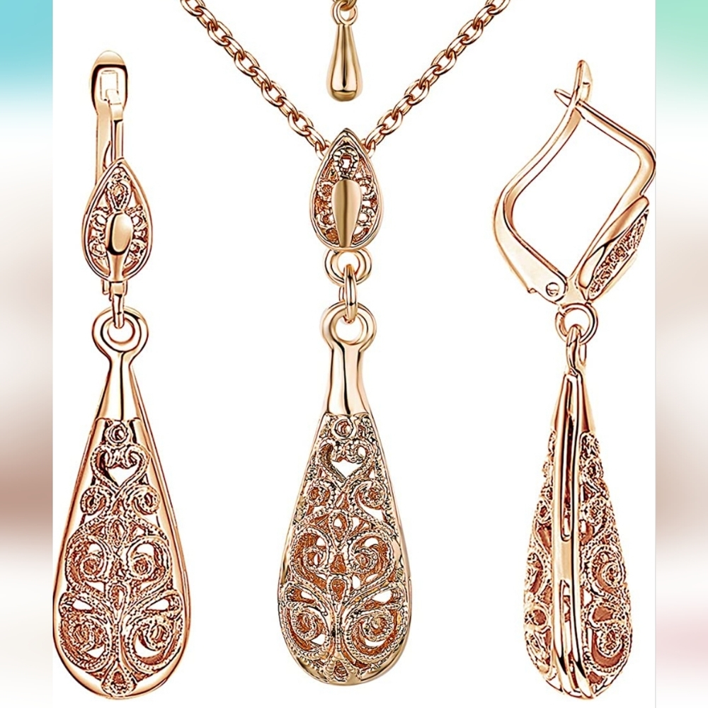 Earrings, Necklace Set, 18K  Rose Gold Plated, Vintage